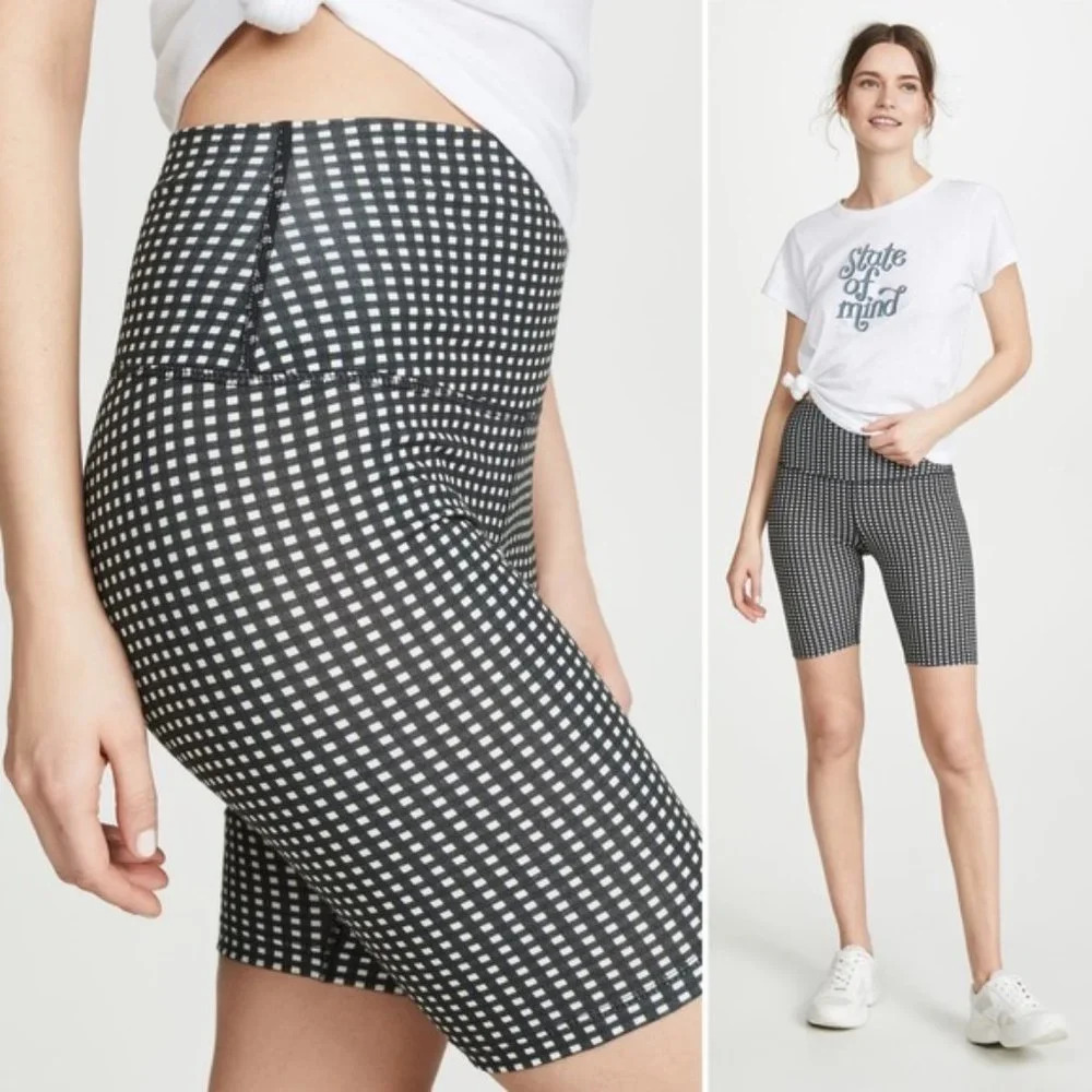 Lna Cher Biker Shorts In Green Checker Print Nwt